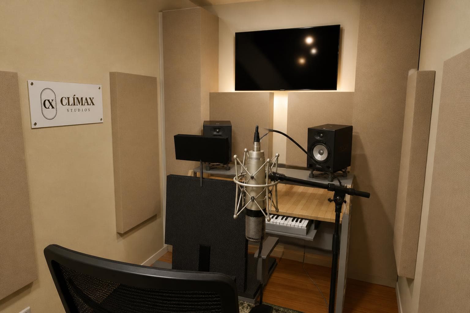 Cabina de voz con micrófono de condensador, monitores y paneles acústicos